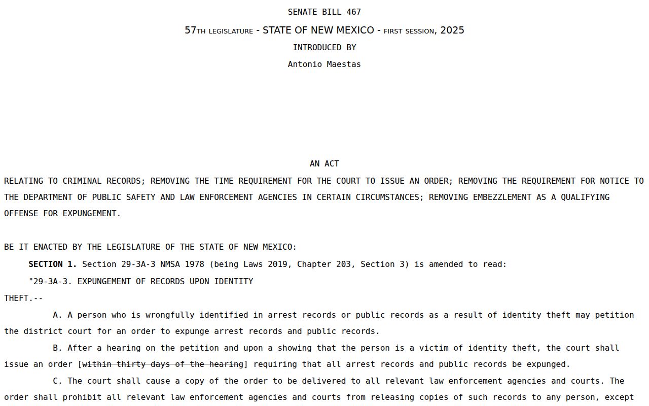 Rio Arriba County criminal record expungement law in official New Mexico legislative text