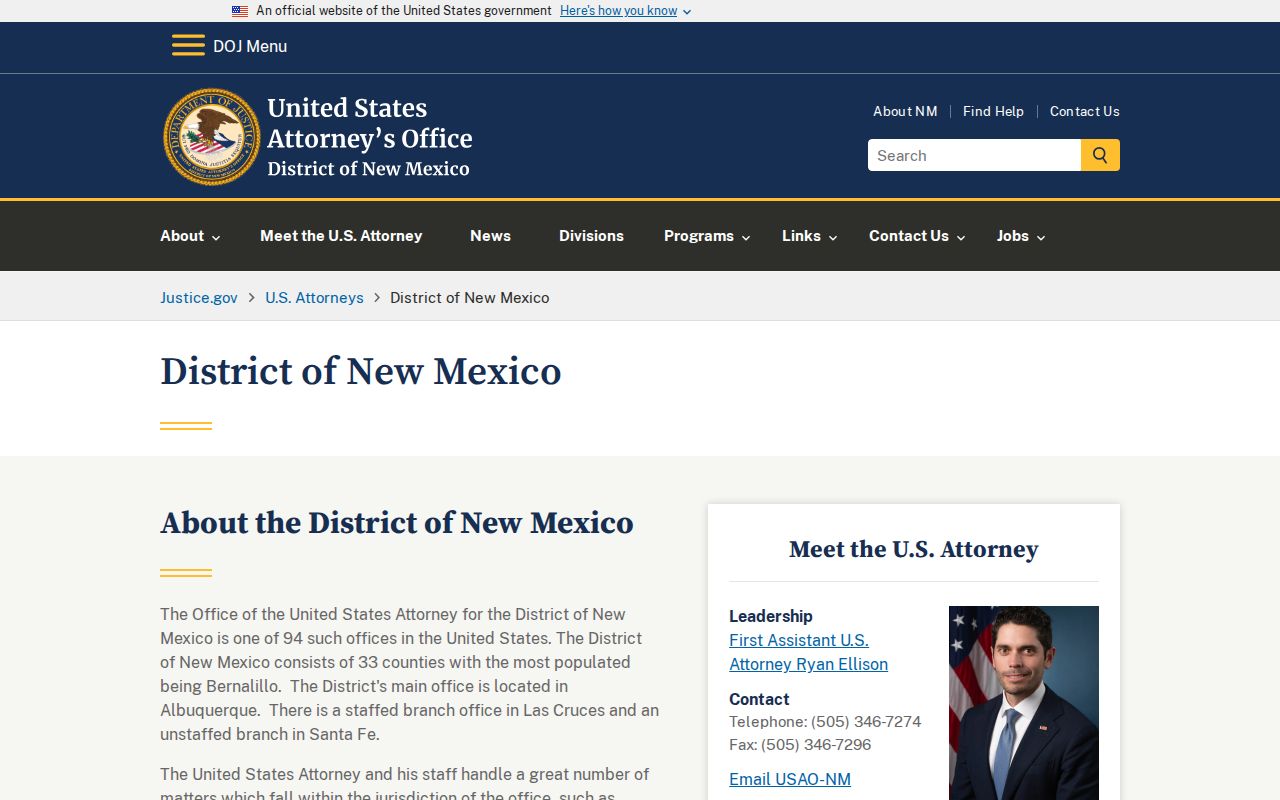 Federal criminal history source serving Rio Arriba County through the United States Attorney for New Mexico